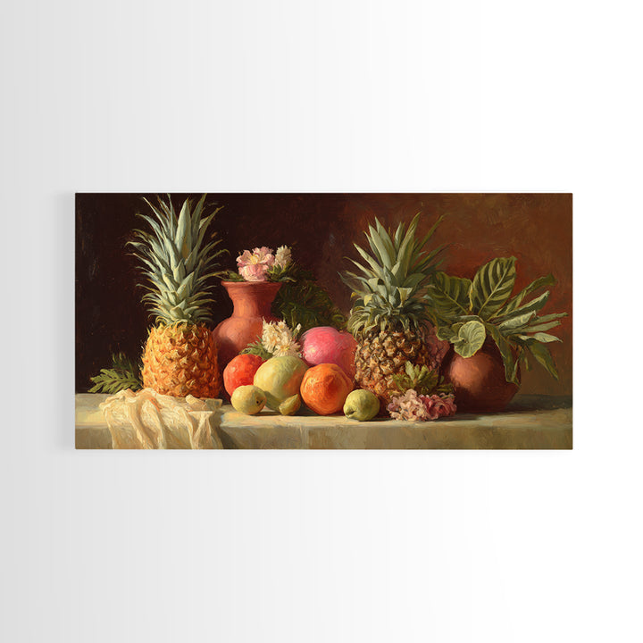 Pineapple and Palm Still Life Canvas Print, Tropical Art, Printable Wall Art, Living Room Decor, Watercolor Art, Tropic, TRO-2x1-98