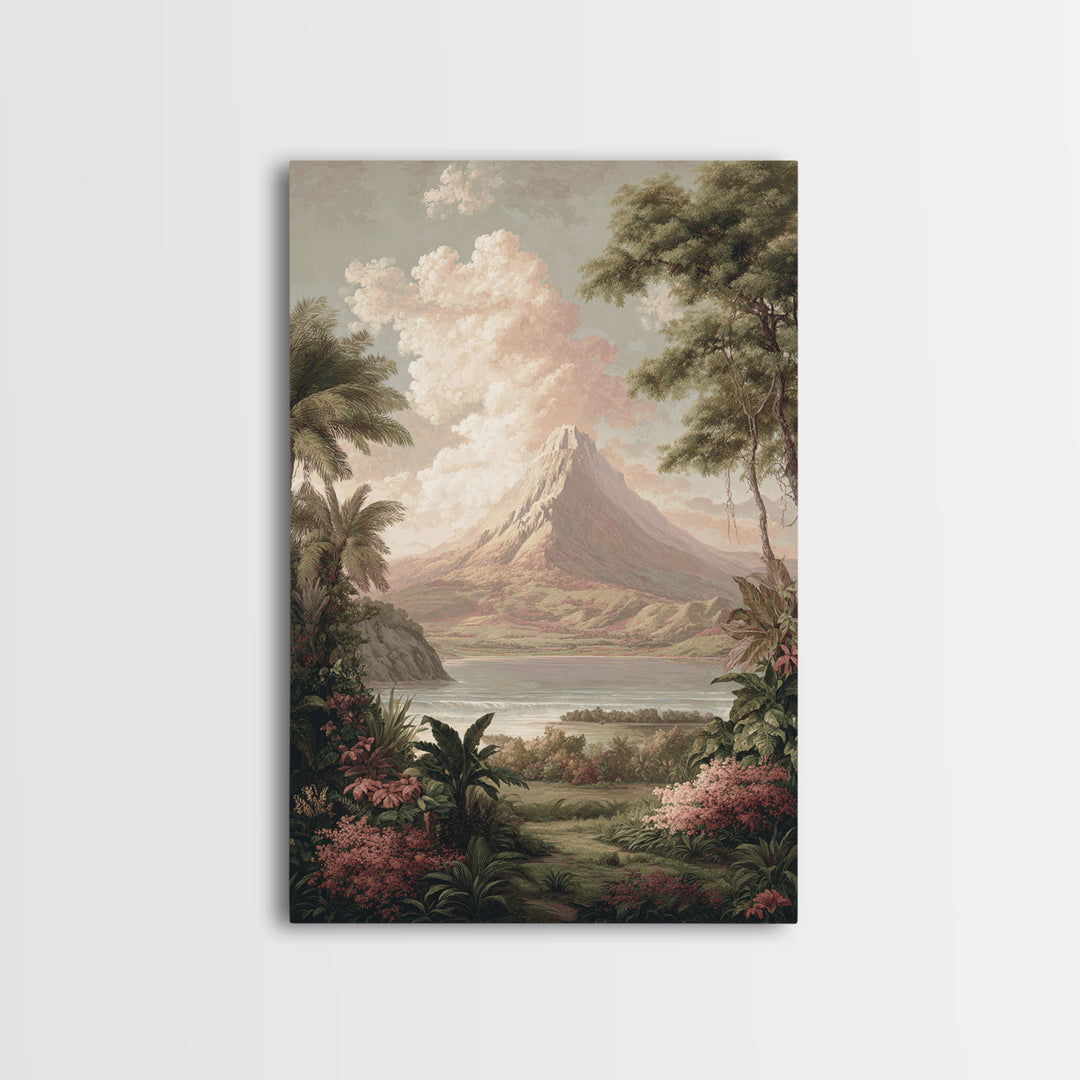 Island Volcano with Lush Foreground Framed Canvas Print, Tropical Art, Printable, Living Room Decor, Fine Art, Tropic, TRO-2x3-1