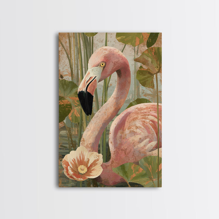 Pink Flamingos Among Tropical Water Plants Canvas Print, Tropical Art, Contemporary Art, Living Room Decor, Fine Art, Tropic, TRO-2x3-10