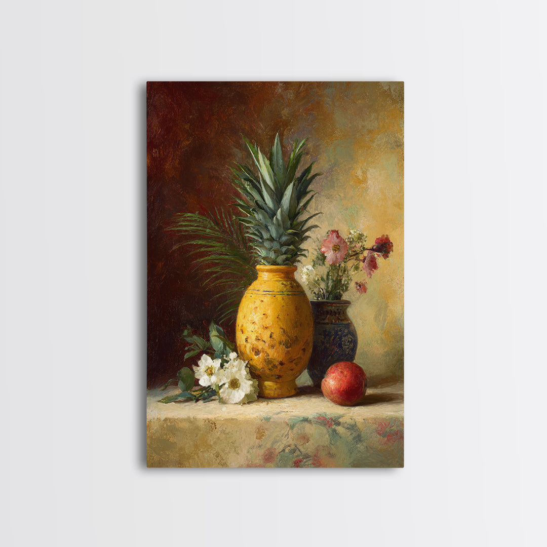Pineapple and Palm Still Life Canvas Print, Tropical Art, Wall Art, Living Room Decor, Oil Painting, Tropic, Pink Wall Art, TRO-2x3-14