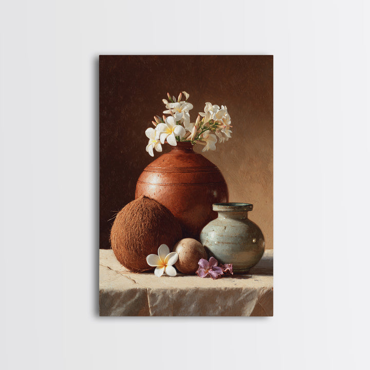 Coconut and Plumeria Still Life Framed Canvas Print, Tropical Art, Watercolor Painting, Living Room Decor, Oil Painting, Tropic, TRO-2x3-20