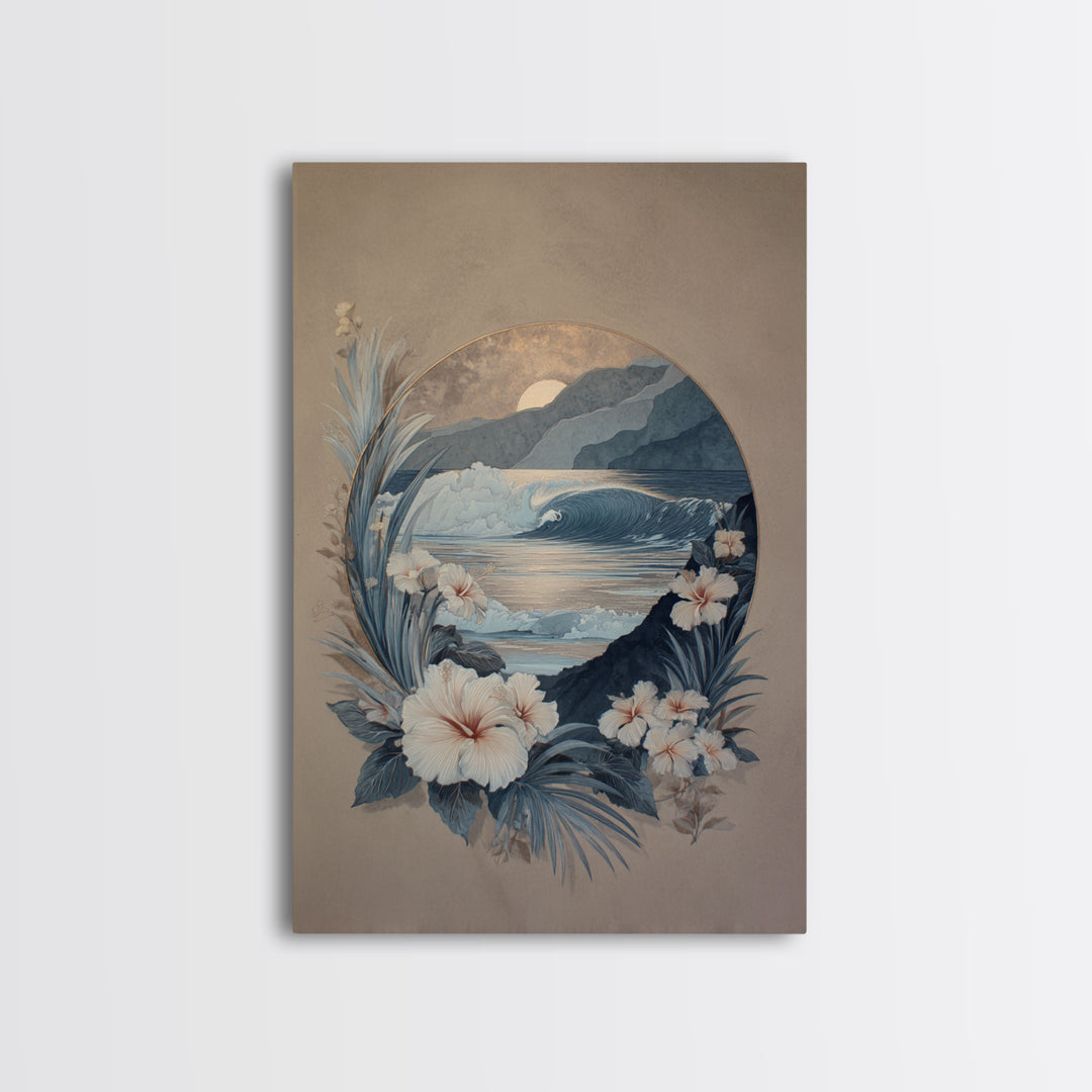 Sunset Surf Scene Framed Canvas Print, Tropical Art, Minimalist Decor, Living Room Decor, Fine Art, Tropic, Digital Print, TRO-2x3-30