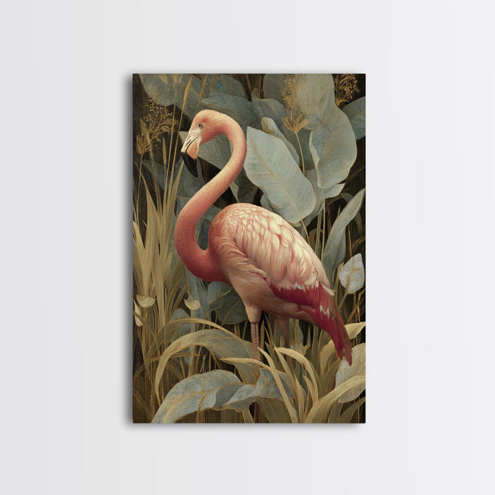 Pink Flamingos Among Tropical Water Plants Framed Canvas Print, Tropical Art, Print, Living Room Decor, Fine Art, Tropic, TRO-2x3-34