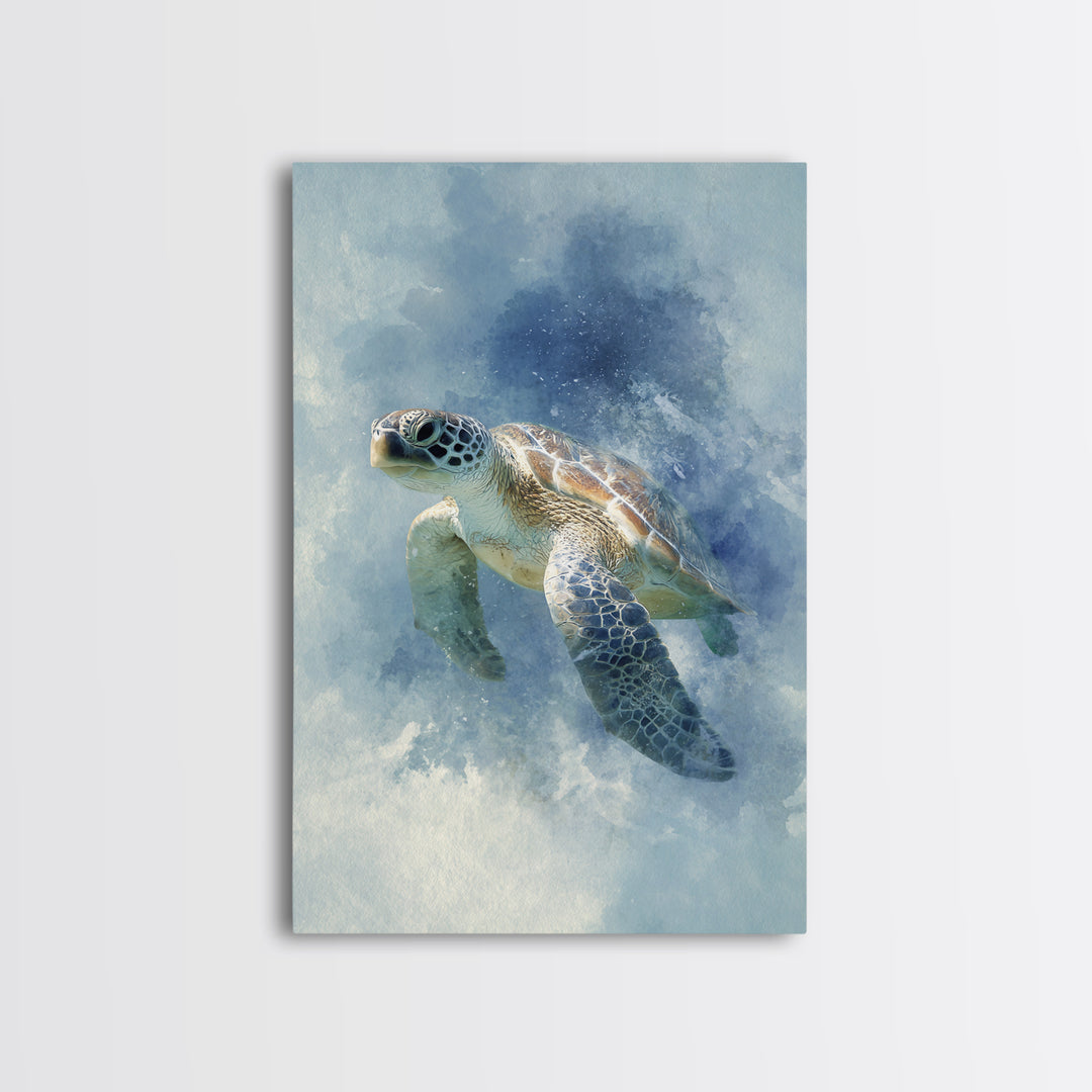 Sea Turtle Near Tropical Reef Framed Canvas Print, Tropical Art, Digital Art, Living Room Decor, Oil Painting, Tropic, TRO-2x3-51
