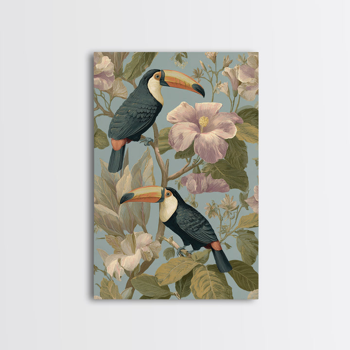 Toucans Surrounded by Bright Jungle Flowers Canvas Print, Tropical Art, Watercolor Painting, Living Room Decor, Tropic, TRO-2x3-59