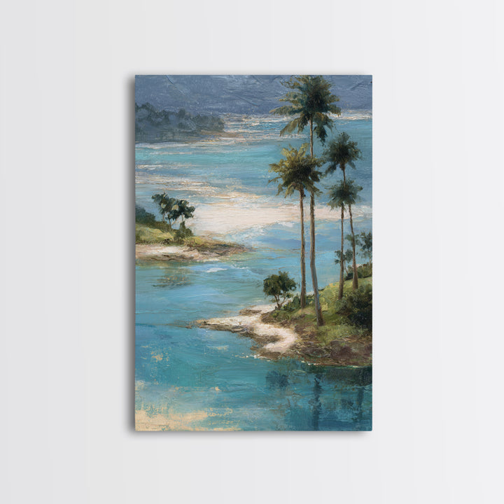 Tropical Lagoon with Turquoise Water Framed Canvas Print, Tropical Art, Bird Art, Living Room Decor, Watercolor Art, Tropic, TRO-2x3-63