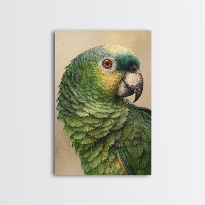 Parrot Portrait with Emerald Feathers Framed Canvas Print, Tropical Art, Print, Living Room Decor, Oil Painting, Tropic, TRO-2x3-64