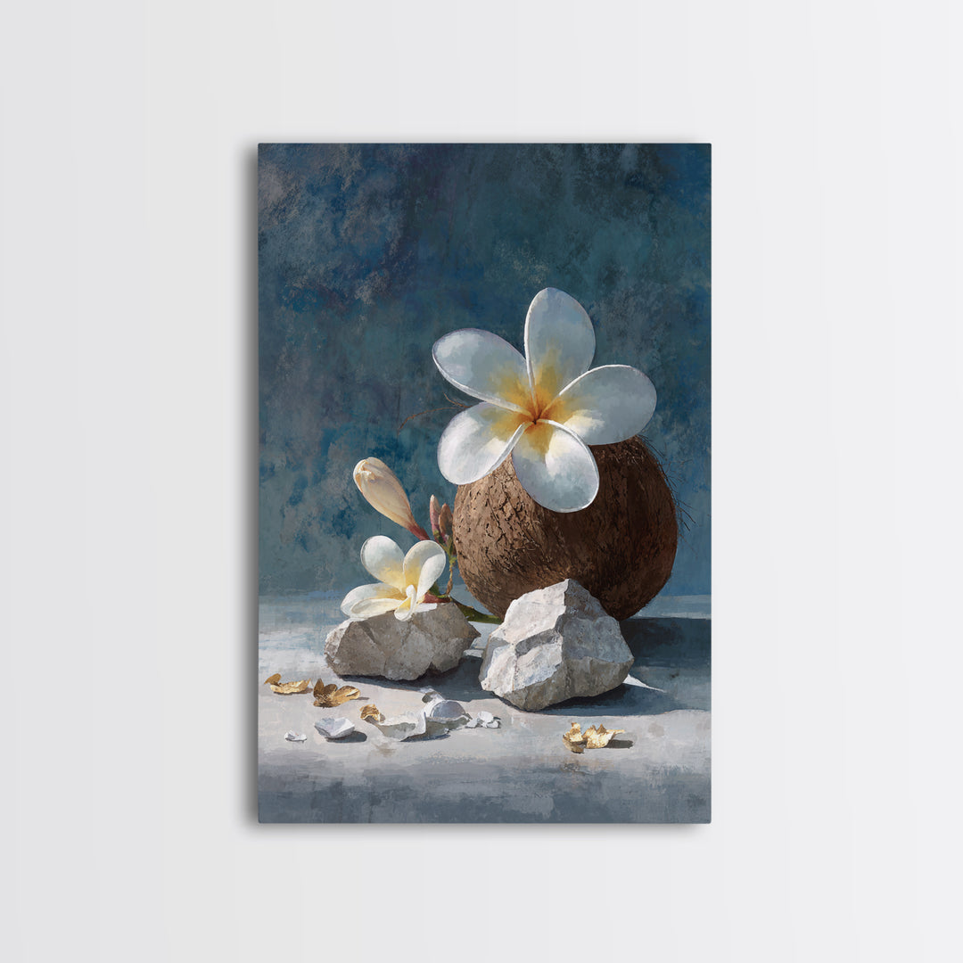 Coconut and Plumeria Still Life Framed Canvas Print, Tropical Art, Coastal Wall Art, Living Room Decor, Fine Art, Tropic, TRO-2x3-68