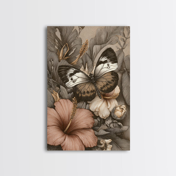 Tropical Butterfly and Flower Study Canvas Print, Tropical Art, Fine Art Print, Living Room Decor, Watercolor Art, Tropic, TRO-2x3-7