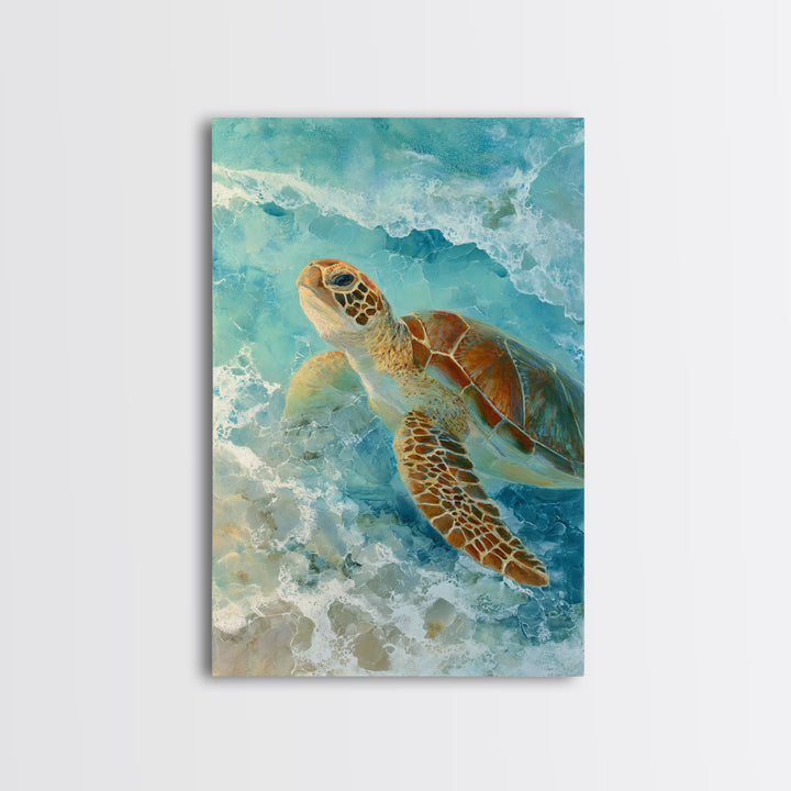 Sea Turtle Near Tropical Reef Framed Canvas Print, Tropical Art, Abstract Painting, Living Room Decor, Fine Art, Tropic, TRO-2x3-75