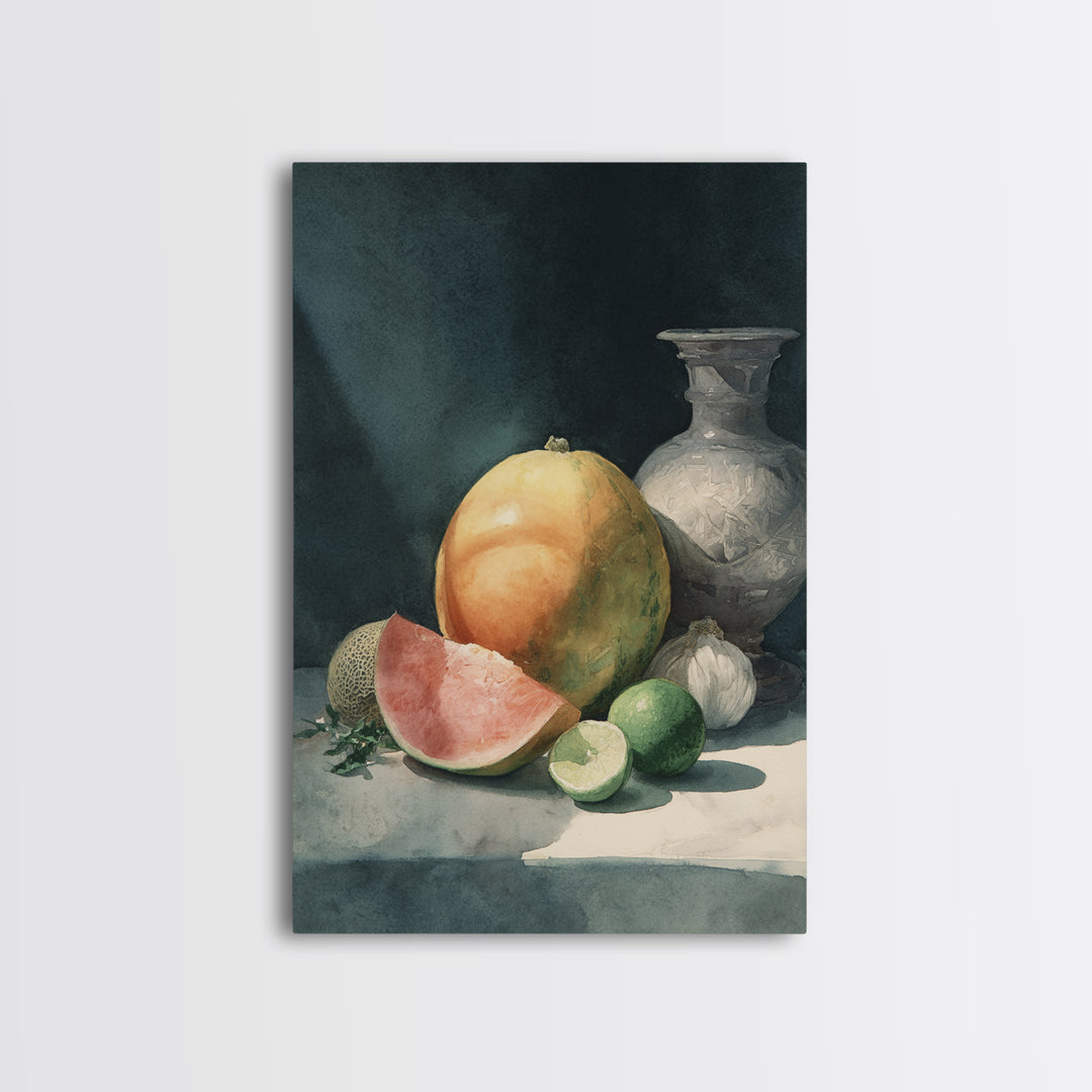 Bright Papaya and Lime Still Life Framed Canvas Print, Tropical Art, Botanical Art, Living Room Decor, Oil Painting, Tropic, TRO-2x3-8