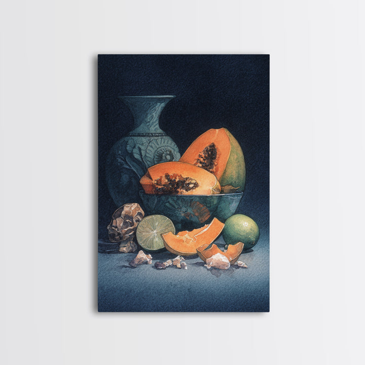 Bright Papaya and Lime Still Life Framed Canvas Print, Tropical Art, Living Room Decor, Watercolor Art, Tropic, TRO-2x3-80