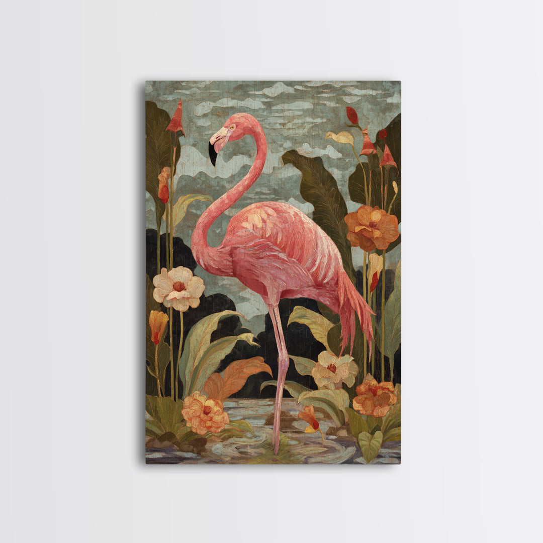 Pink Flamingos Among Tropical Water Plants Canvas Print, Tropical Art, Digital Print, Living Room Decor, Fine Art, Tropic, TRO-2x3-82