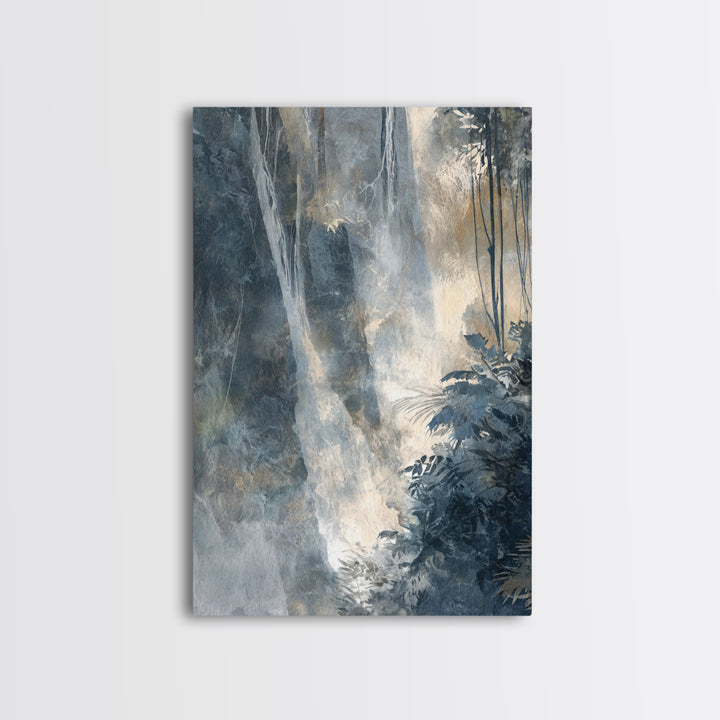 Jungle Waterfall with Misty Light Framed Canvas Print, Tropical Art, Abstract Painting, Living Room Decor, Fine Art, Tropic, TRO-2x3-93