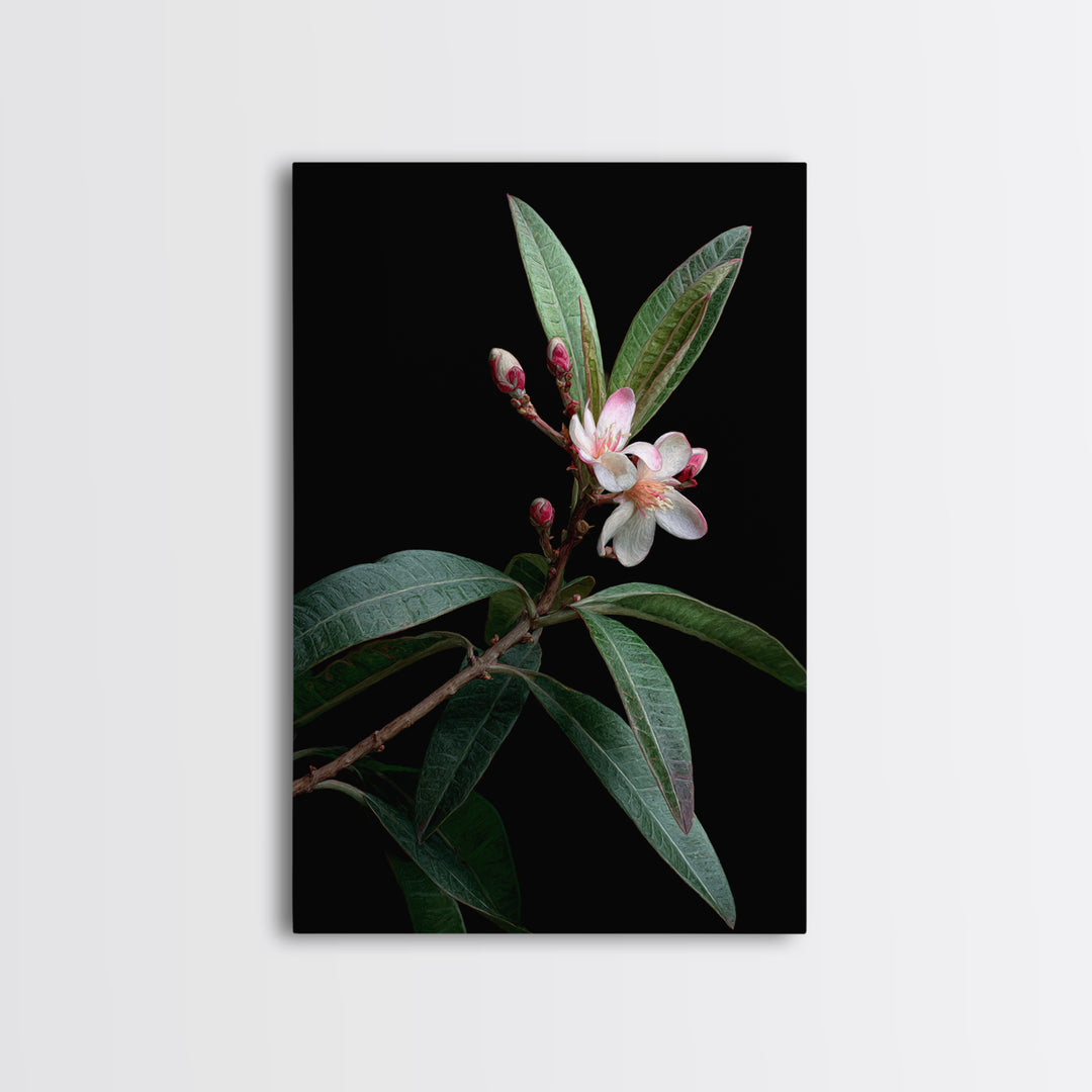 Mango Branch with Leaves and Flowers Framed Canvas Print, Tropical Art, Living Room Decor, Watercolor Art, Tropic, TRO-2x3-98