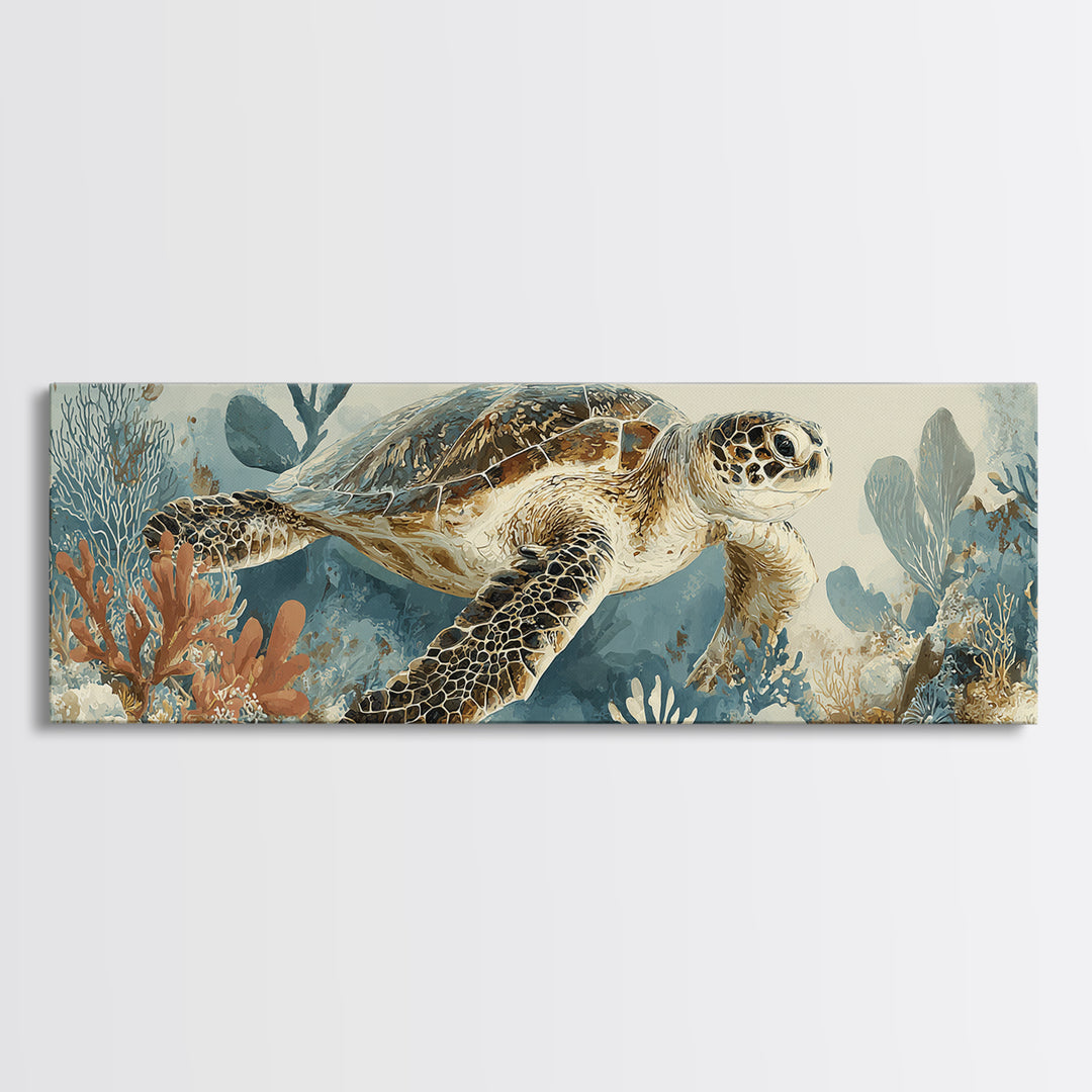 Sea Turtle Near Tropical Reef Canvas Print, Tropical Art, Beach Prints, Living Room Decor, Watercolor Art, Tropic, TRO-3x1-11