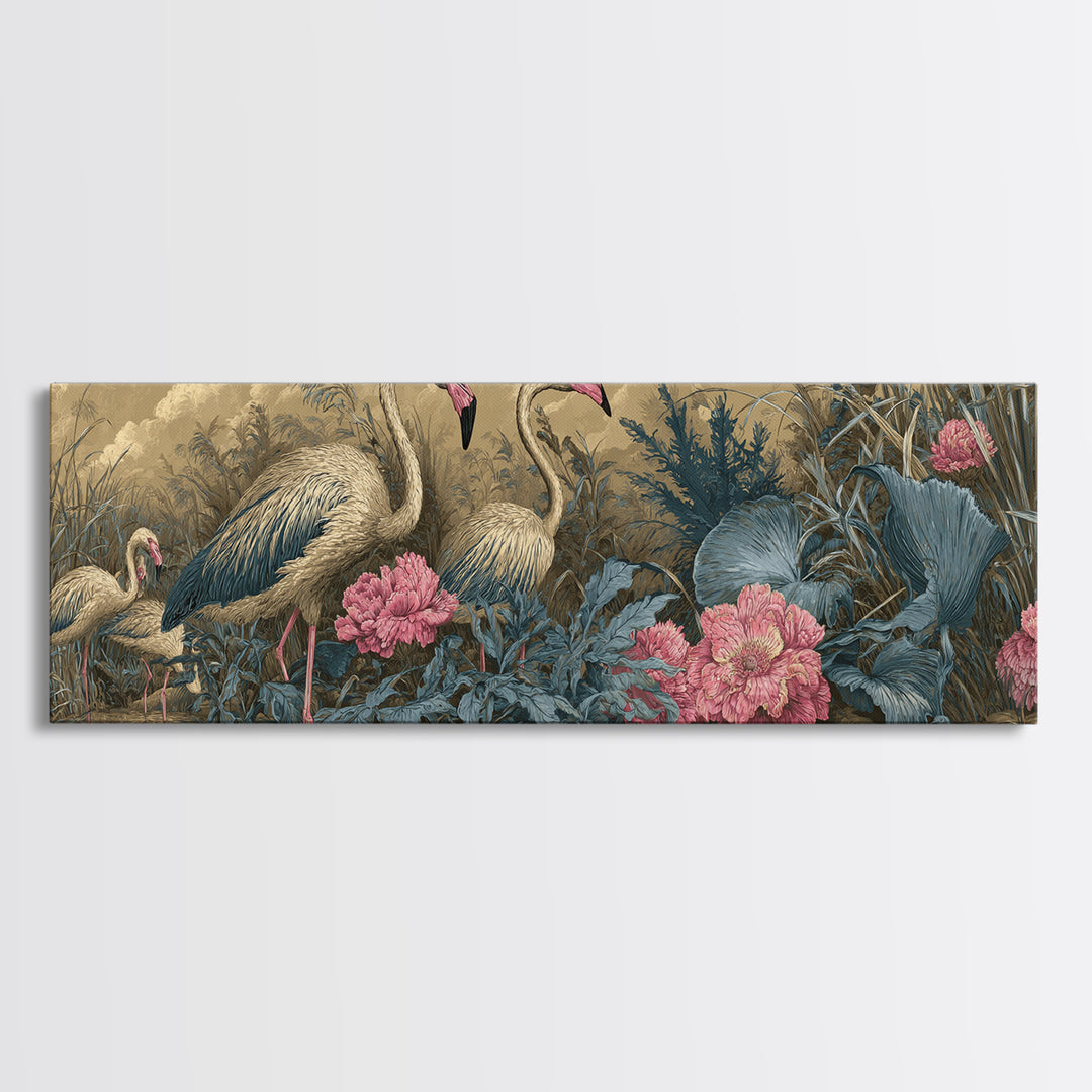 Pink Flamingos Among Tropical Water Plants Framed Canvas Print, Tropical Art, Oversized Wall Art, Living Room Decor, Tropic, TRO-3x1-18