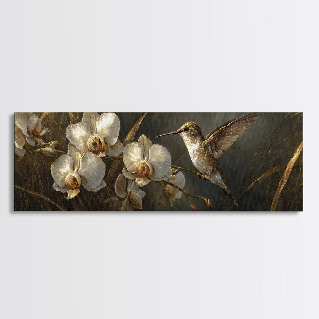 Orchid and Hummingbird Composition Framed Canvas Print, Tropical Art, Wall Art Prints, Living Room Decor, Fine Art, Tropic, TRO-3x1-2