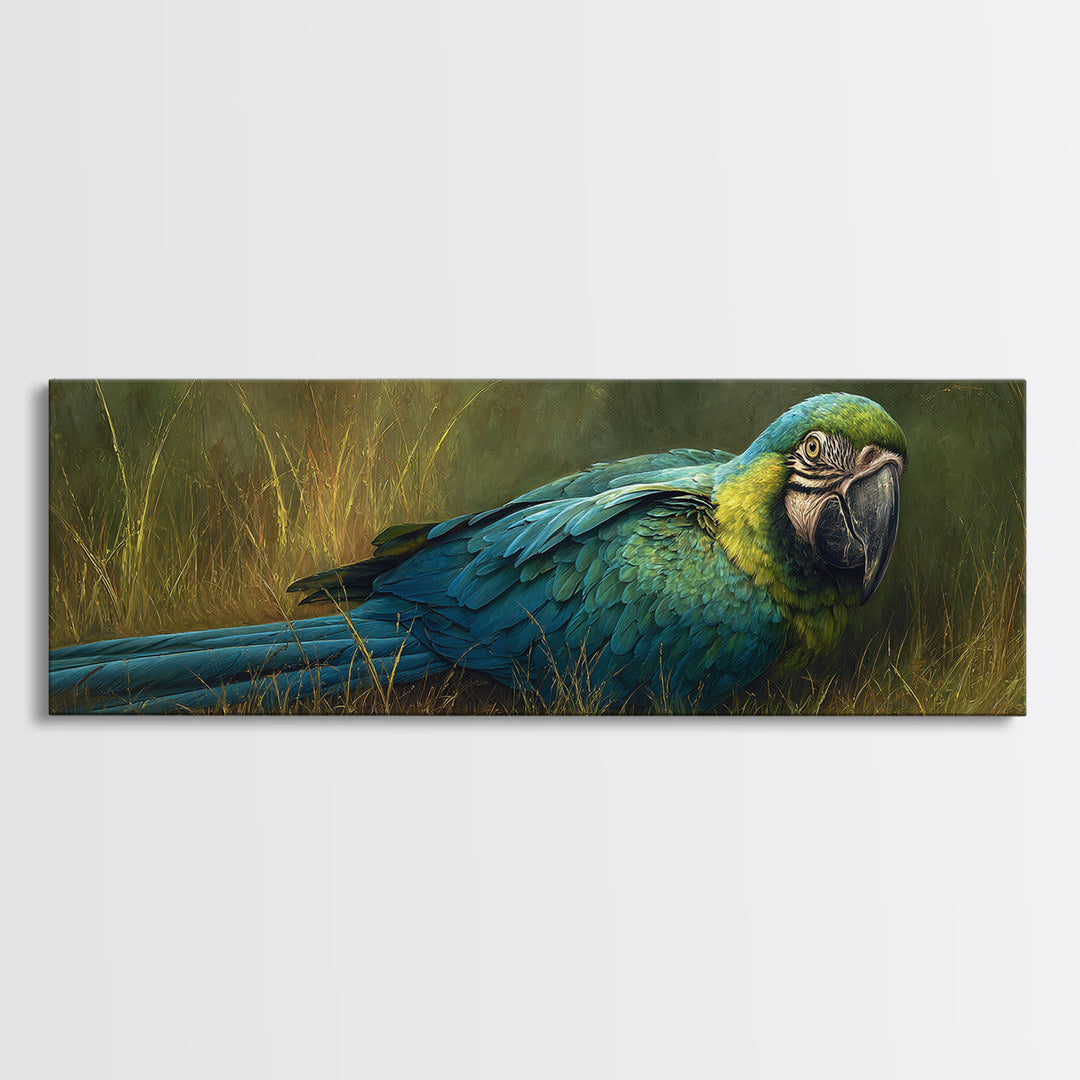 Parrot Portrait with Emerald Feathers Canvas Print, Tropical Art, Whimsical Art, Living Room Decor, Fine Art, Tropic, TRO-3x1-24