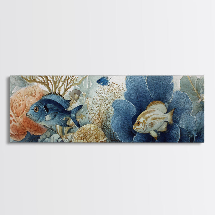Tropical Fish over Coral Reef Framed Canvas Print, Tropical Art, Textured Painting, Living Room Decor, Fine Art, Tropic, TRO-3x1-27