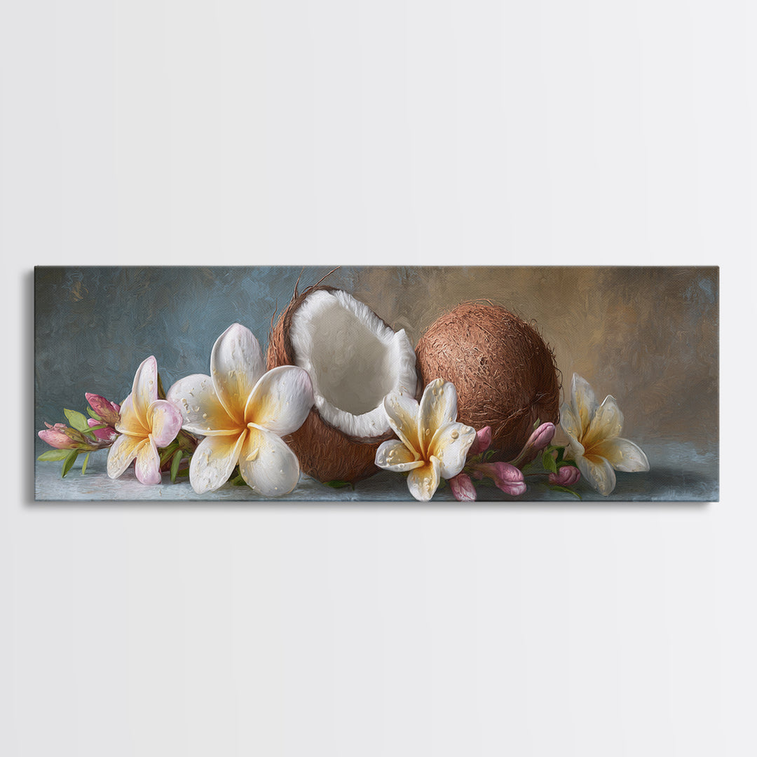 Coconut and Plumeria Still Life Framed Canvas Print, Tropical Art, Botanical Art, Living Room Decor, Oil Painting, Tropic, TRO-3x1-28