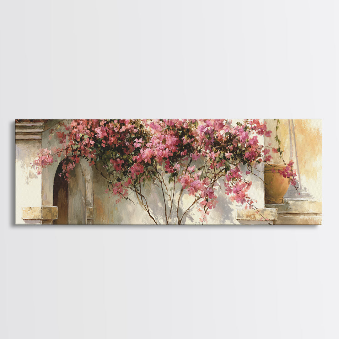 Pink Bougainvillea over White Wall Framed Canvas Print, Tropical Art, Beach Prints, Living Room Decor, Watercolor Art, Tropic, TRO-3x1-32
