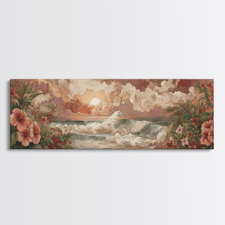 Sunset Surf Scene Canvas Print, Tropical Art, Pink Wall Art, Living Room Decor, Fine Art, Tropic, Coastal Art, Beach Print, TRO-3x1-38