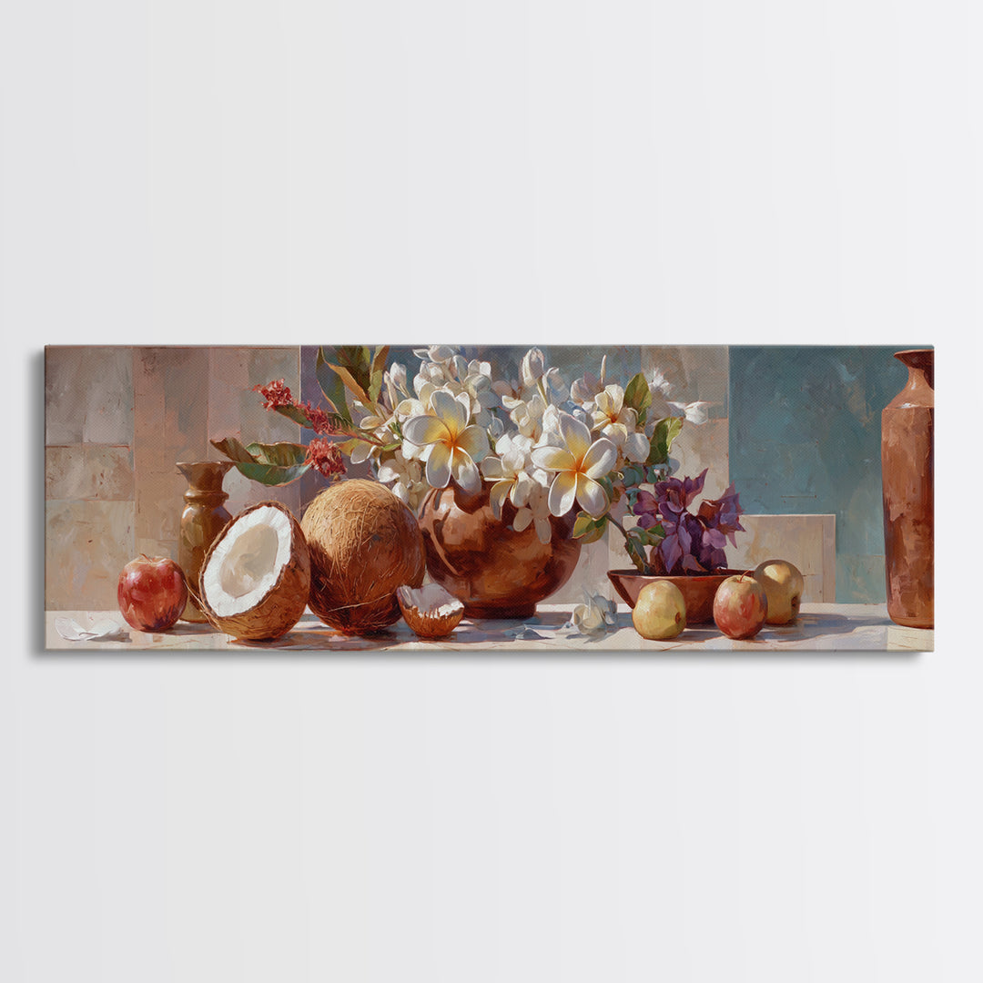 Coconut and Plumeria Still Life Canvas Print, Tropical Art, Downloadable Prints, Living Room Decor, Watercolor Art, Tropic, TRO-3x1-4