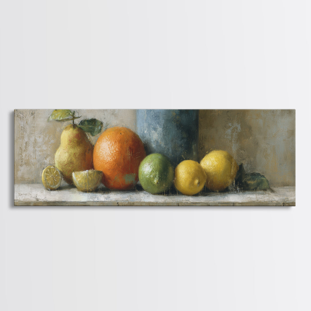 Bright Papaya and Lime Still Life Canvas Print, Tropical Art, Neutral Decor, Living Room Decor, Fine Art, Tropic, Home Decor, TRO-3x1-40