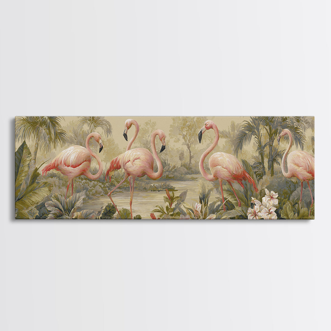 Pink Flamingos Among Tropical Water Plants Canvas Print, Tropical Art, Watercolor Art, Living Room Decor, Fine Art, Tropic, TRO-3x1-42