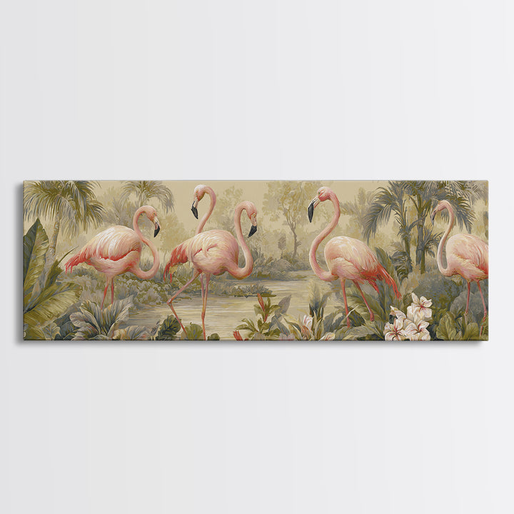 Pink Flamingos Among Tropical Water Plants Canvas Print, Tropical Art, Watercolor Art, Living Room Decor, Fine Art, Tropic, TRO-3x1-42