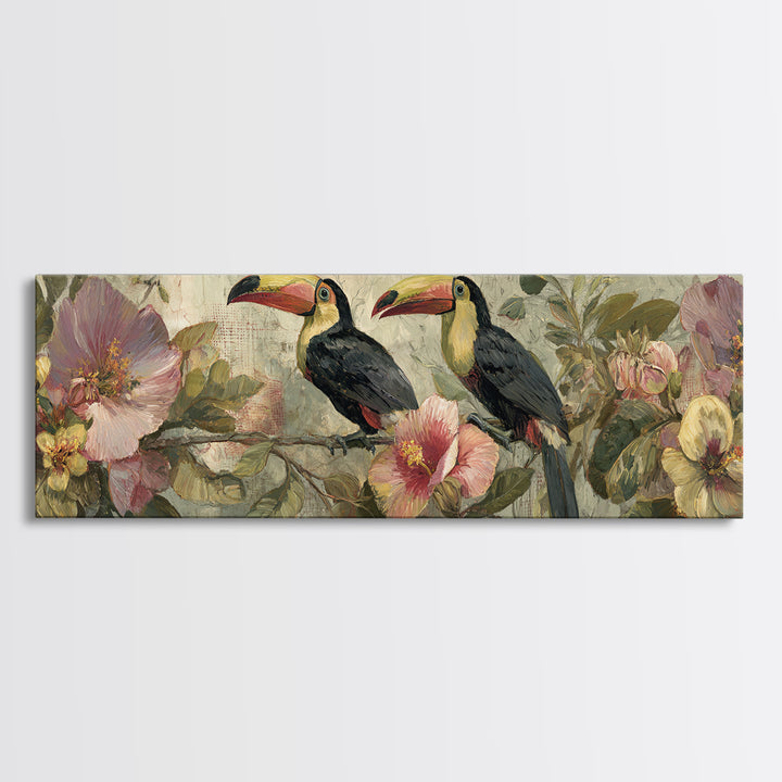 Toucans Surrounded by Bright Jungle Flowers Canvas Print, Tropical Art, Art Print, Living Room Decor, Fine Art, Tropic, TRO-3x1-43