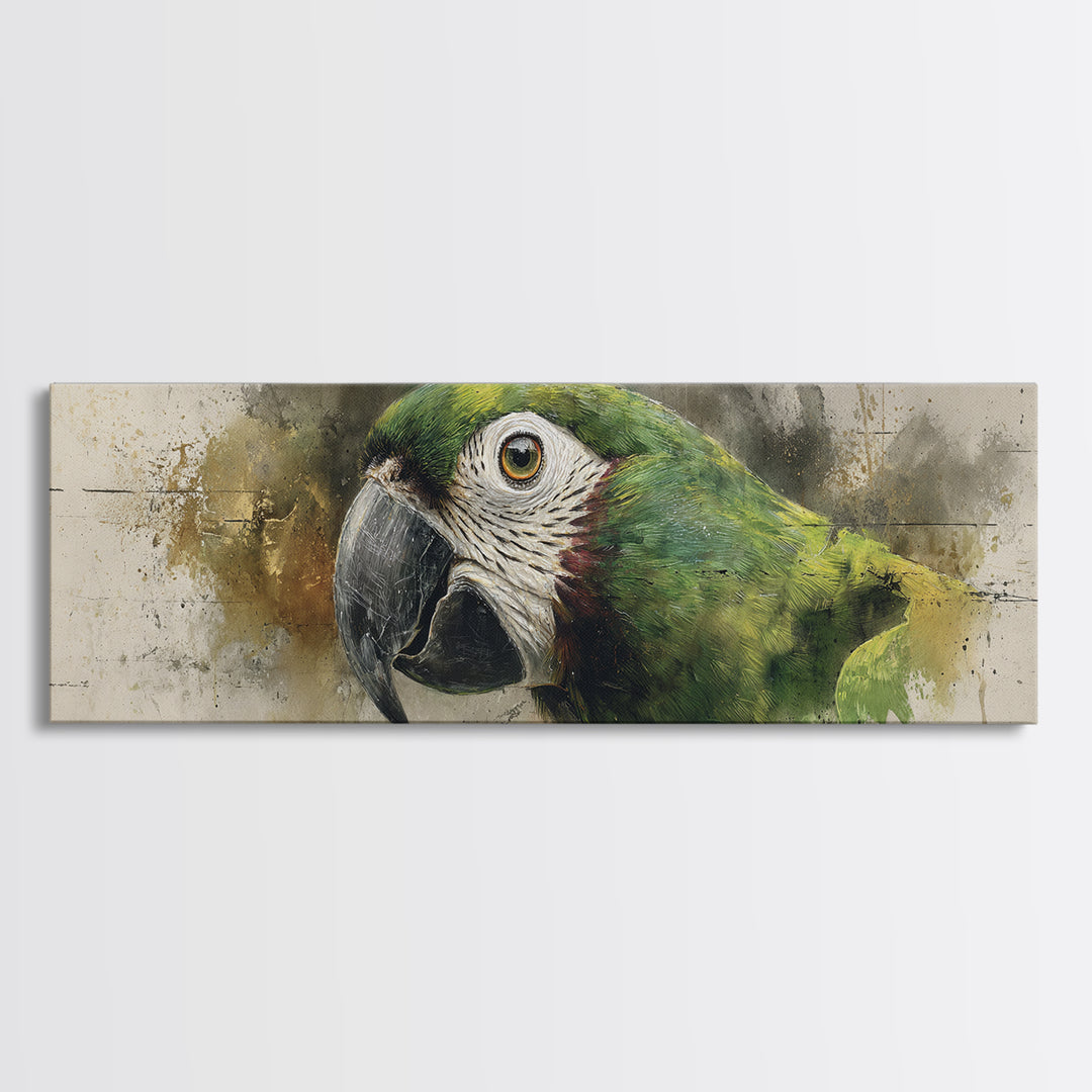 Parrot Portrait with Emerald Feathers Canvas Print, Tropical Art, Textured Painting, Living Room Decor, Fine Art, Tropic, TRO-3x1-48