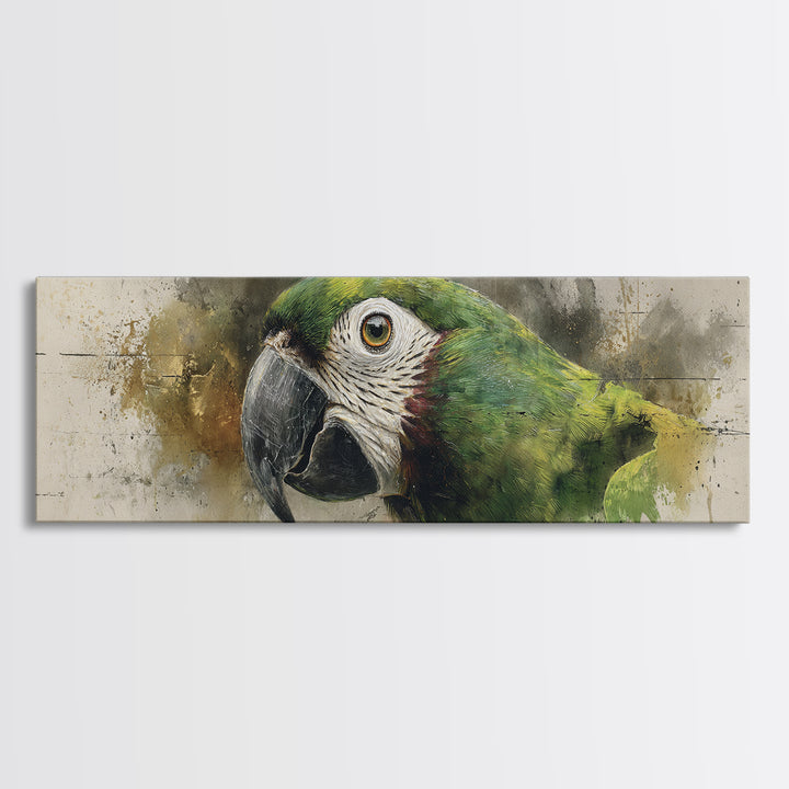 Parrot Portrait with Emerald Feathers Canvas Print, Tropical Art, Textured Painting, Living Room Decor, Fine Art, Tropic, TRO-3x1-48