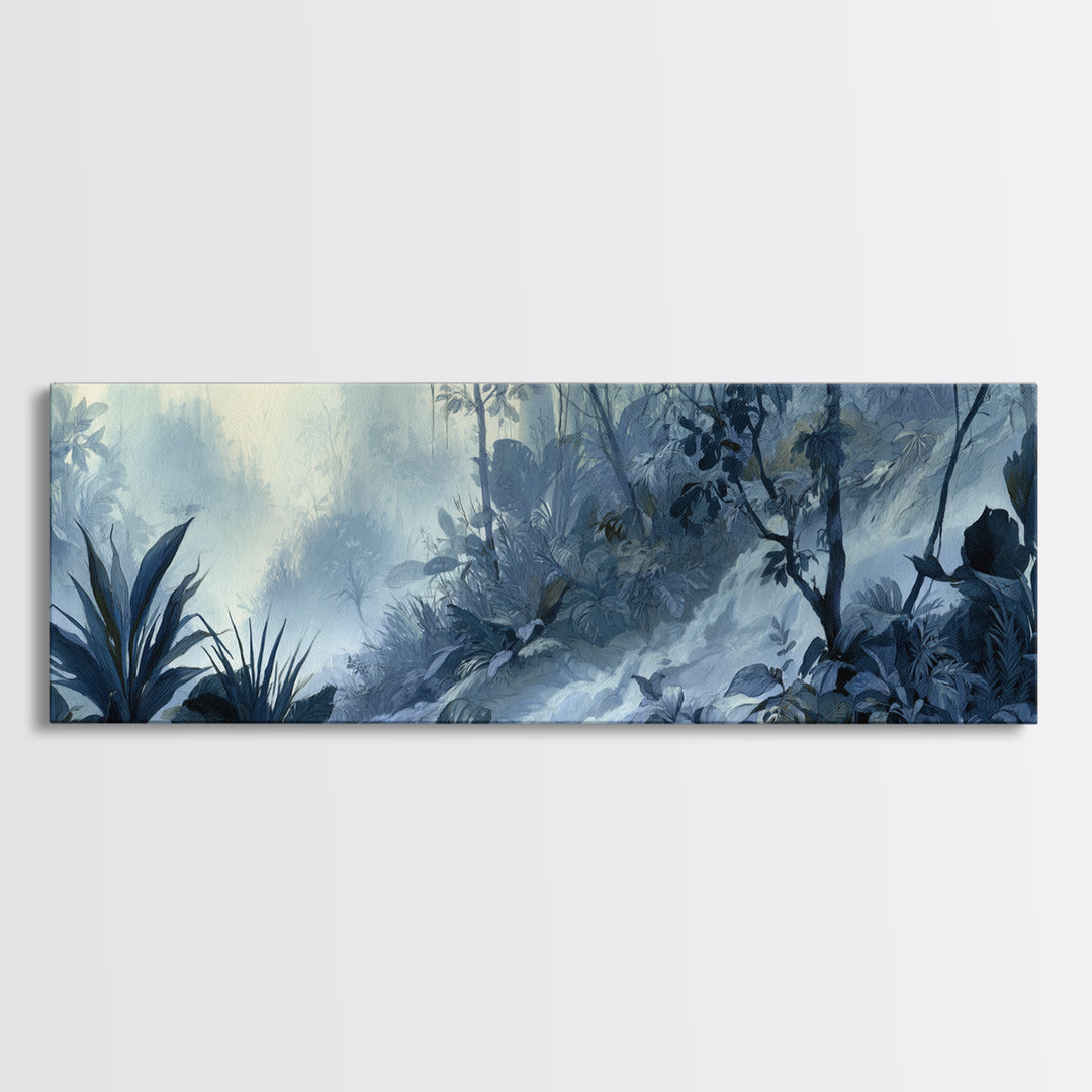 Jungle Waterfall with Misty Light Framed Canvas Print, Tropical Art, Bird Art, Living Room Decor, Watercolor Art, Tropic, TRO-3x1-5