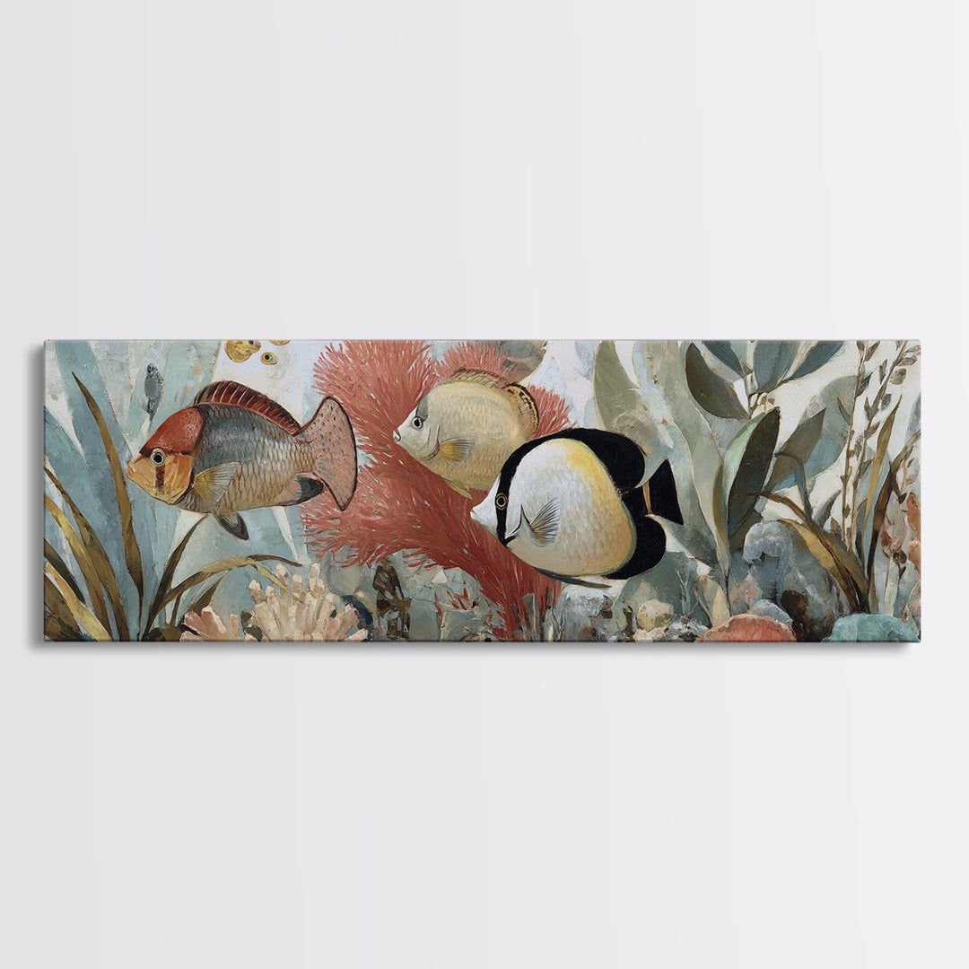 Tropical Fish over Coral Reef Framed Canvas Print, Tropical Art, Printable, Living Room Decor, Fine Art, Tropic, Coastal Decor, TRO-3x1-51