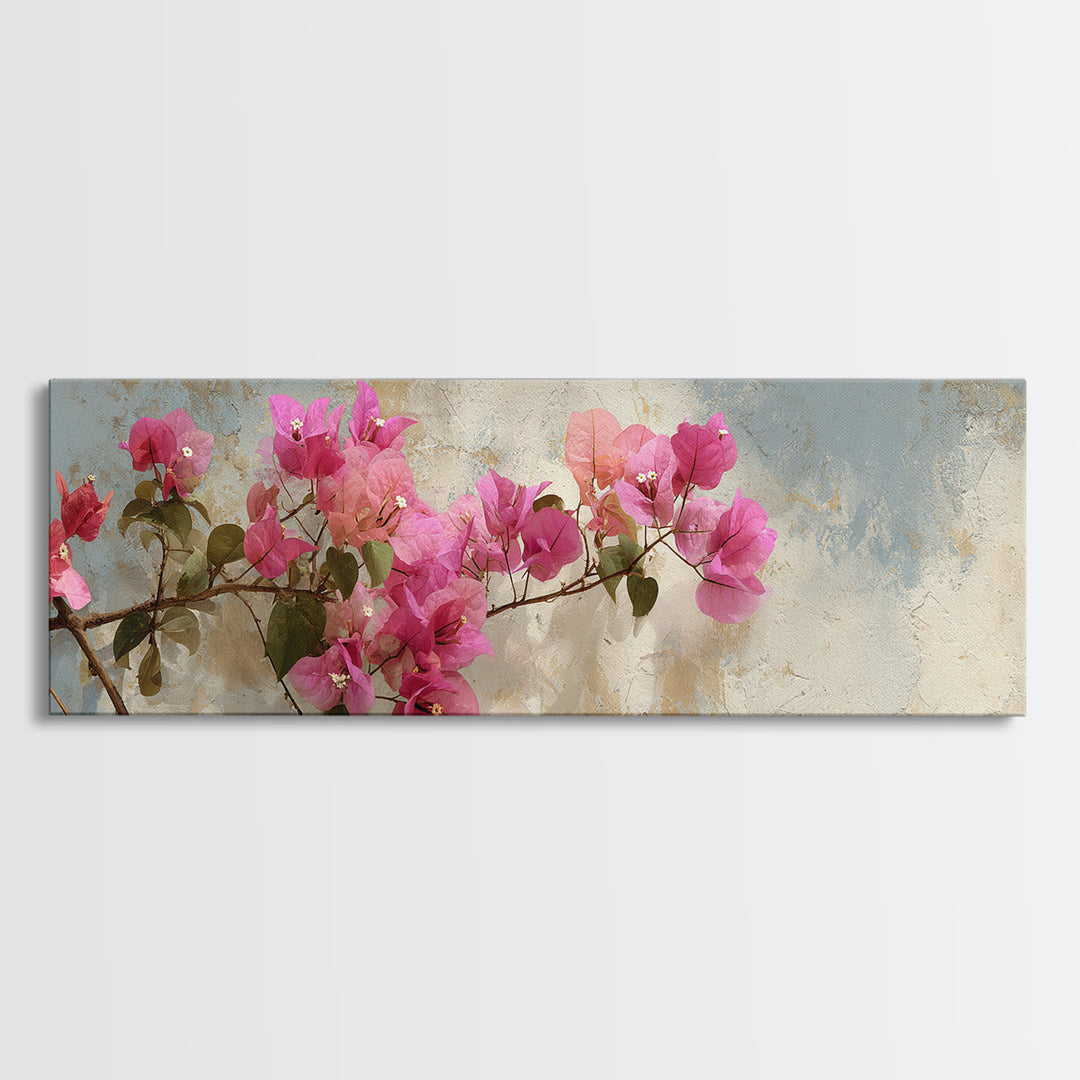 Pink Bougainvillea over White Wall Framed Canvas Print, Tropical Art, Minimalist Decor, Living Room Decor, Fine Art, Tropic, TRO-3x1-56