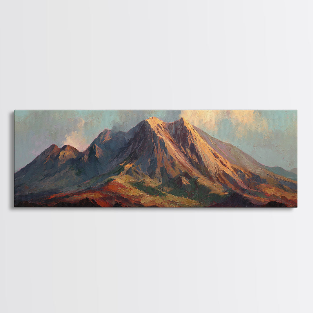 Island Volcano with Lush Foreground Framed Canvas Print, Tropical Art, Whimsical Art, Living Room Decor, Fine Art, Tropic, TRO-3x1-57