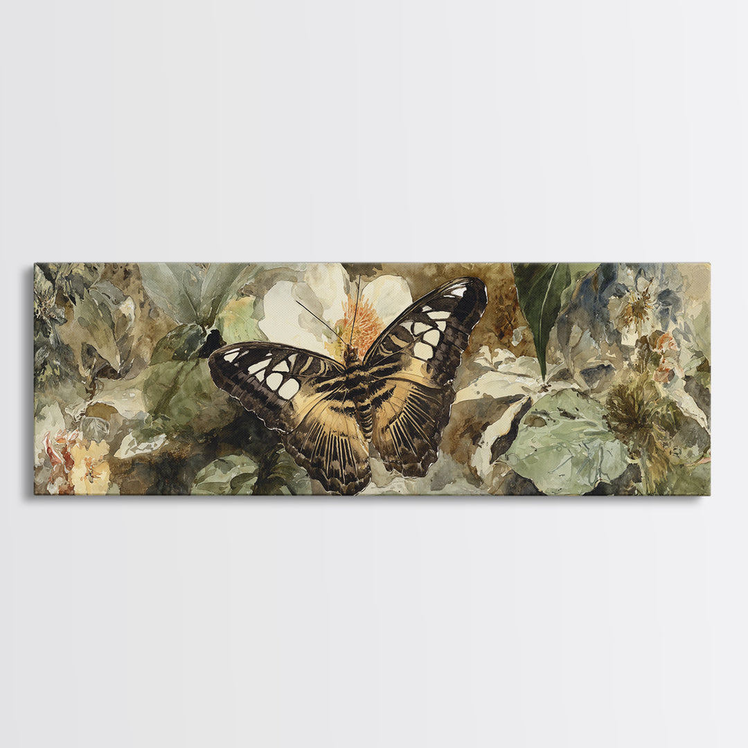 Tropical Butterfly and Flower Study Framed Canvas Print, Tropical Art, Living Room Decor, Watercolor Art, Tropic, TRO-3x1-63