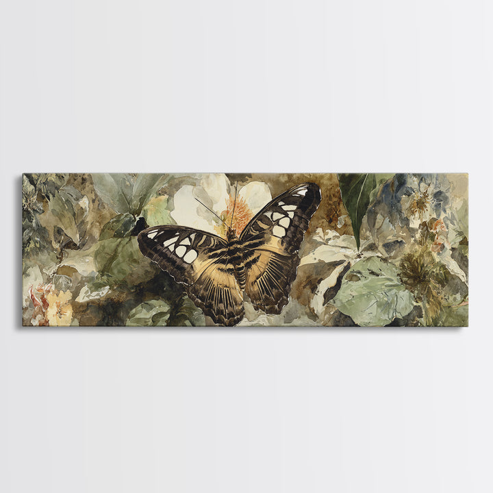 Tropical Butterfly and Flower Study Framed Canvas Print, Tropical Art, Living Room Decor, Watercolor Art, Tropic, TRO-3x1-63