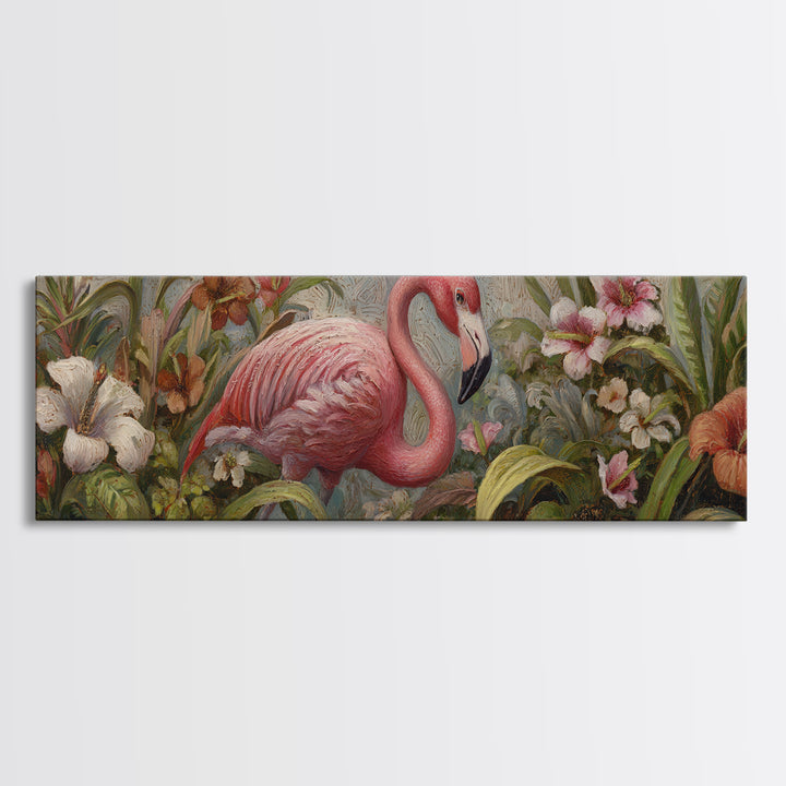 Pink Flamingos Among Tropical Water Plants Canvas Print, Tropical Art, Watercolor Art, Living Room Decor, Fine Art, Tropic, TRO-3x1-66