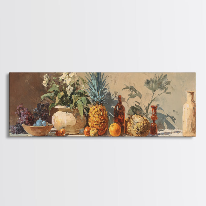 Pineapple and Palm Still Life Canvas Print, Tropical Art, Wall Art, Living Room Decor, Oil Painting, Tropic, Pink Wall Art, TRO-3x1-70