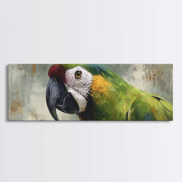 Parrot Portrait with Emerald Feathers Framed Canvas Print, Tropical Art, Wall Decor, Living Room Decor, Fine Art, Tropic, TRO-3x1-72