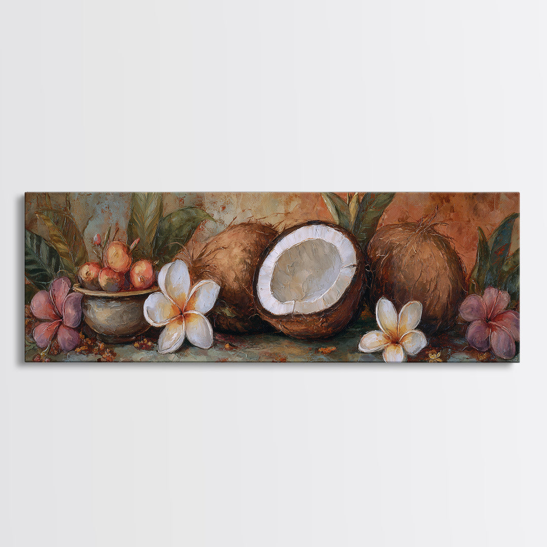 Coconut and Plumeria Still Life Canvas Print, Tropical Art, Decor, Living Room Decor, Tropic 276, Bird Art, Set of Prints, TRO-3x1-76