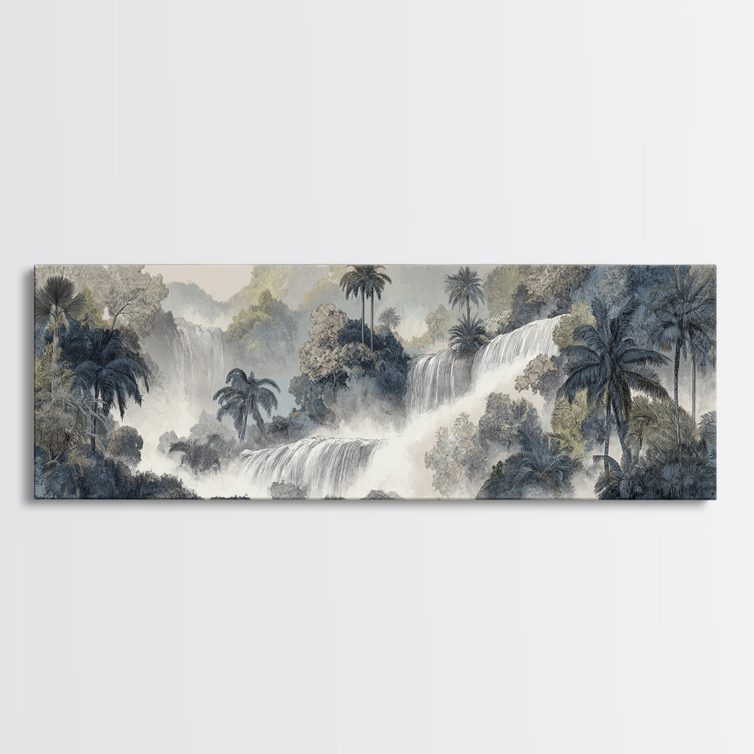 Jungle Waterfall with Misty Light Framed Canvas Print, Tropical Art, Gallery Wall Art, Living Room Decor, Fine Art, Tropic, TRO-3x1-77