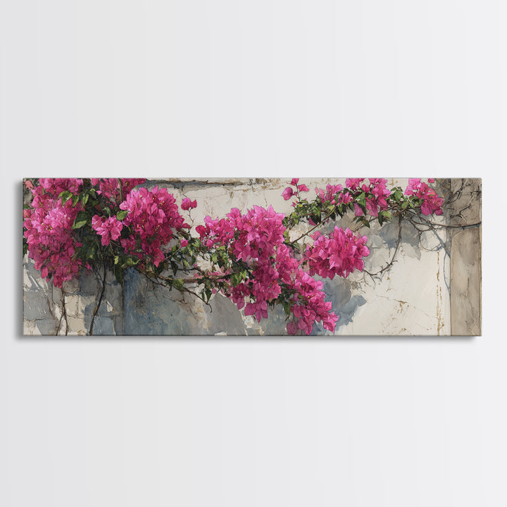 Pink Bougainvillea over White Wall Canvas Print, Tropical Art, Digital Prints, Living Room Decor, Tropic 280, Set of Prints, TRO-3x1-80