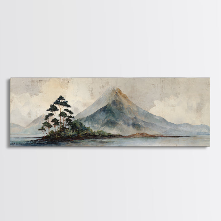 Island Volcano with Lush Foreground Framed Canvas Print, Tropical Art, Whimsical Art, Living Room Decor, Fine Art, Tropic, TRO-3x1-81