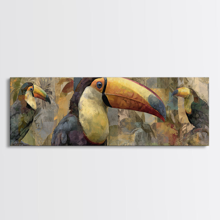 Colorful Jungle Bird Pattern Framed Canvas Print, Tropical Art, Print, Living Room Decor, Fine Art, Tropic, Coastal Wall Art, TRO-3x1-84