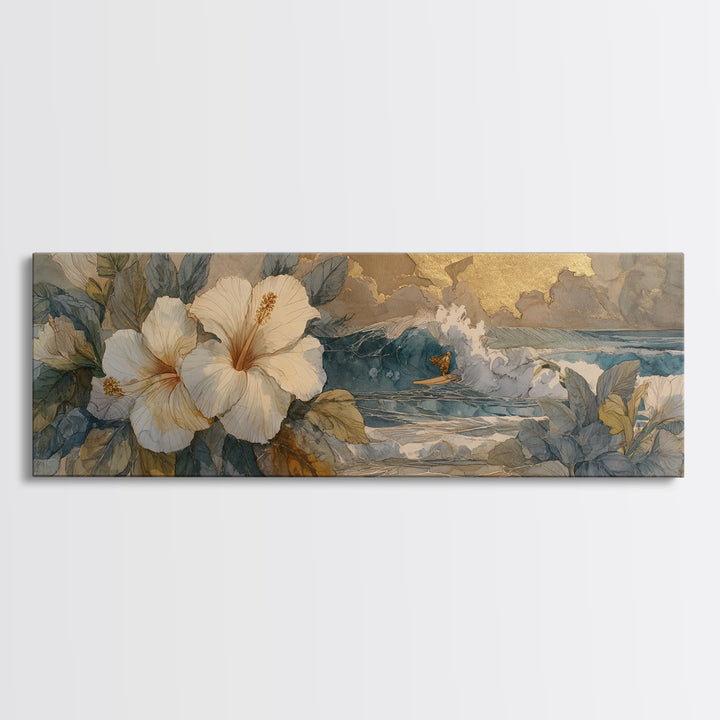 Sunset Surf Scene Canvas Print, Tropical Art, Bird Art, Living Room Decor, Watercolor Art, Tropic, Whimsical Art, Botanical Art, TRO-3x1-86