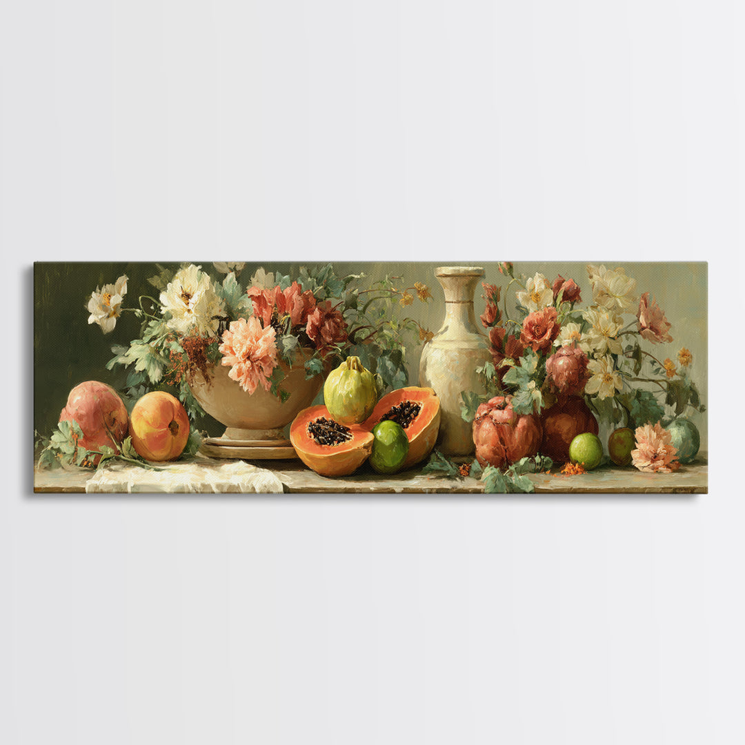 Bright Papaya and Lime Still Life Canvas Print, Tropical Art, Wall Art, Living Room Decor, Oil Painting, Tropic, Pink Wall Art, TRO-3x1-88